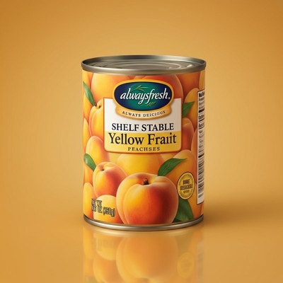 Sempre fresco, sempre delicioso, em prateleira, estável, em lata, pêssego de frutas amarelas