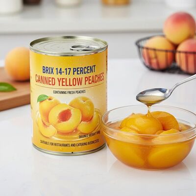 Brix 14-17 por cento de pêssego amarelo enlatado contendo pêssegos frescos peso de drenagem 240 g Adequado para restaurantes e empresas de restauração