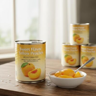 Sabor doce Pêssegos amarelos em lata deliciosas frutas enlatadas perfeitas para restaurantes cafés e distribuidores de alimentos