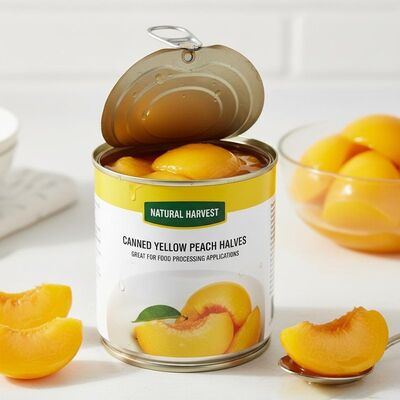Frutas enlatadas Sabor natural Pêssego amarelo em lata Marca privada Meias de Pêssego em lata Ideal para aplicações de processamento de alimentos