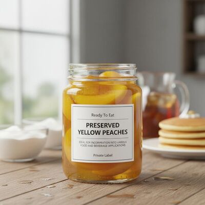 Prontos para comer pêssegos amarelos conservados de marca privada Ideal para incorporação em várias aplicações de alimentos e bebidas