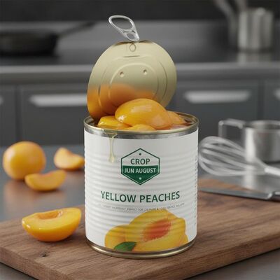 Frutas enlatadas Pêssego amarelo suculento Ingrediente de sobremesa Cultivo JUNHO AGOSTO Perfeito para a indústria culinária e de serviços alimentares
