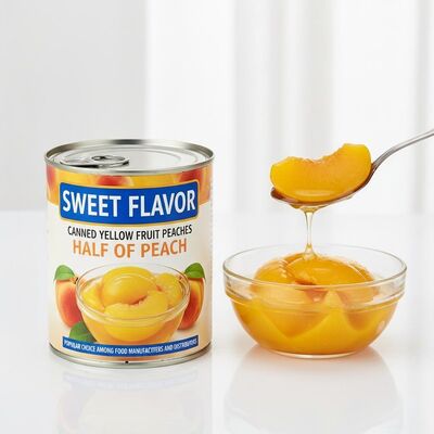Sabor doce Frutos amarelos enlatados Pêssegos Metade de Pêssego Escolha popular entre fabricantes e distribuidores de alimentos