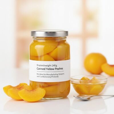 Fruta enlatada Pêssego amarelo em lata Peso de drenagem 240 g Brix Ideal para fabricação de sobremesas e produtos de confeitaria